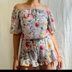 Awoo Striped Floral Jumpsuit Shorts